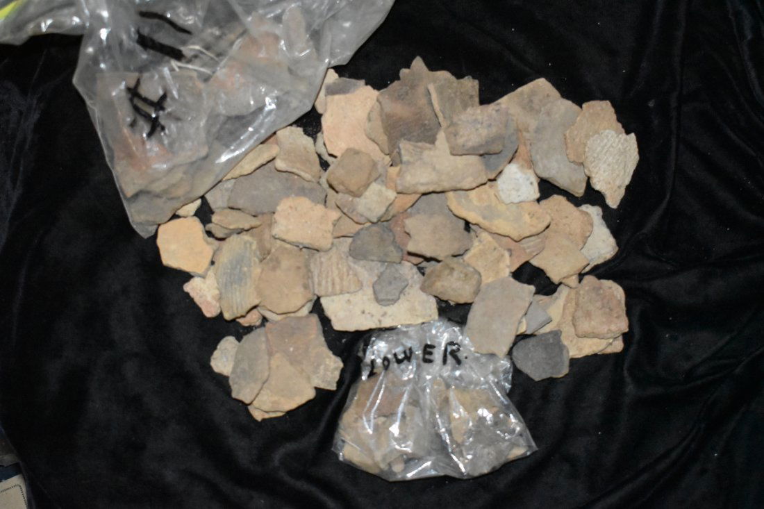 Flat of over 100 Pottery Shards: Flat of over 100 Pottery Shards Found in Audrain County, Mo by Dennis Singleton 1/2 to 3 3/4". Authentic Ancient Pre-Historic Native American Indian Artifact