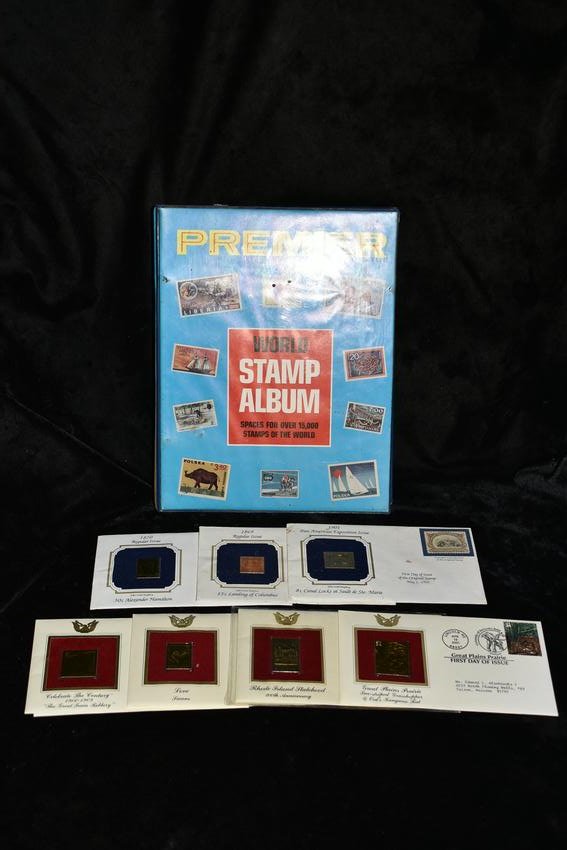 1977 Premier Stamp Album Loaded: 1977 Premier Stamp Album Collection and with 22k Gold Replica's included. This Album has a large number of the normal foreign stamps collected by folks at the time. The oldest stamp in the United Stat