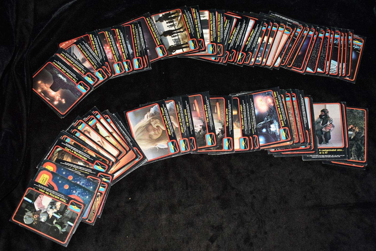 1978 Over 100 Close Encounter or Alien Cards: Stack of over 100 1978 Columbia Pictures Cards. There are a good number of duplicates in this grouping. All in good to excellent condition. Cards are 3 1/2" by 2 1/2"