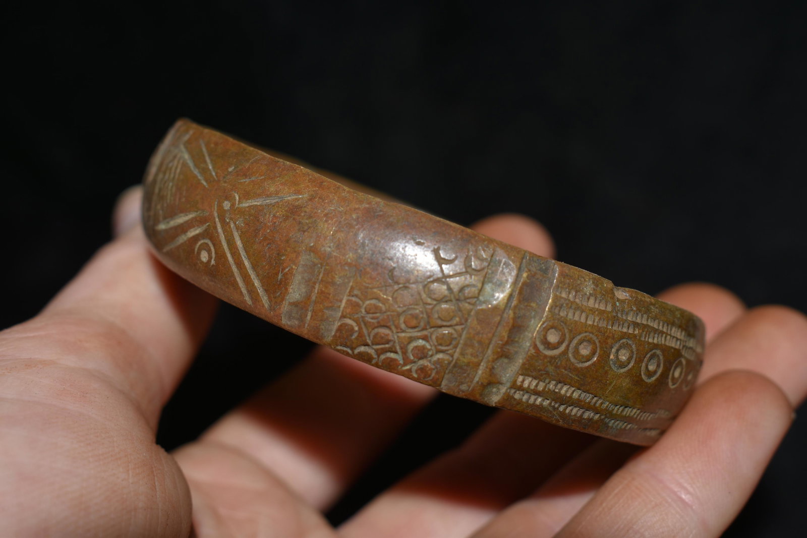 3" Engraved African Brass / Bronze Cuff, African: 3" Engraved African Brass / Bronze Cuff, African Relics, Jewelry, 1800's, Antique