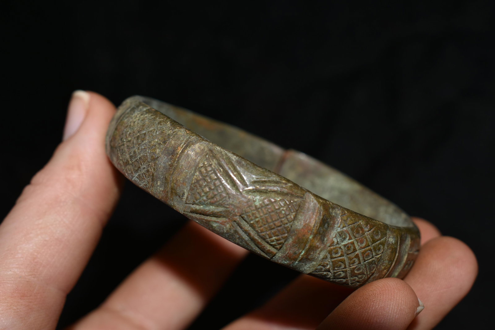 3" Engraved African Brass / Bronze Cuff, African: 3" Engraved African Brass / Bronze Cuff, African Relics, Jewelry, 1800's, Antique