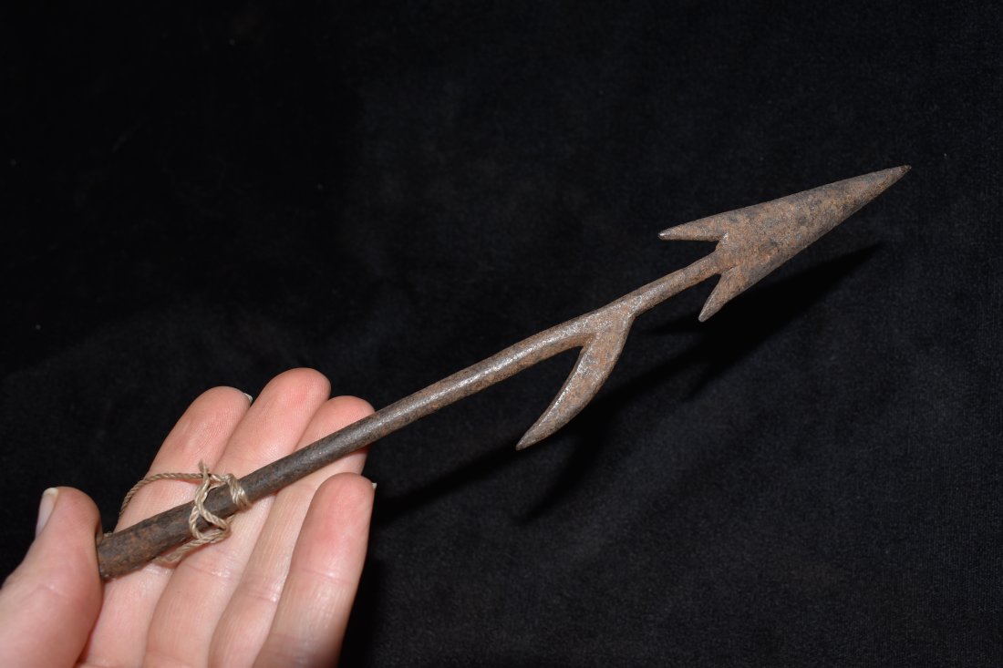 8 1/8" Barbed African Fishing Spear Head, African: 8 1/8" Barbed African Fishing Spear Head, African Relics, 1800's, Antique