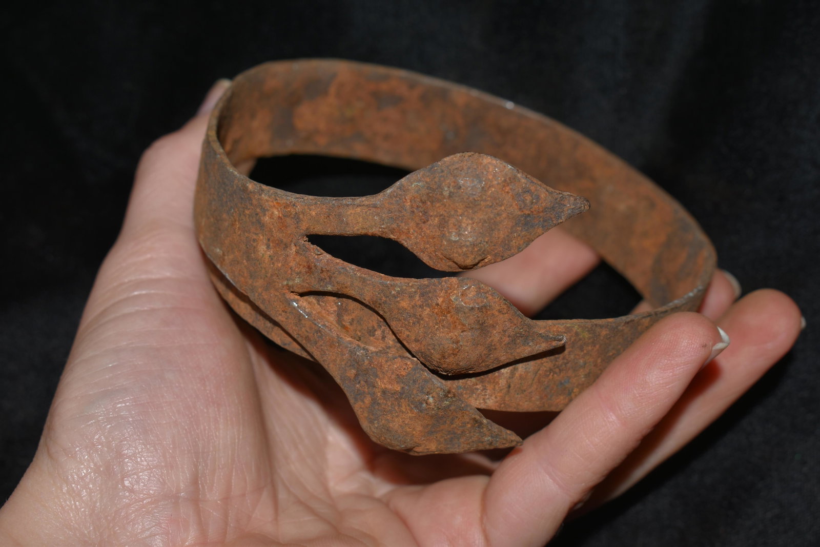 4 1/3" Tri-Spear Wrapped Bronze / Brass African Cuff,: 4 1/3" Tri-Spear Wrapped Bronze / Brass African Cuff, African Relics, 1800's, Antique