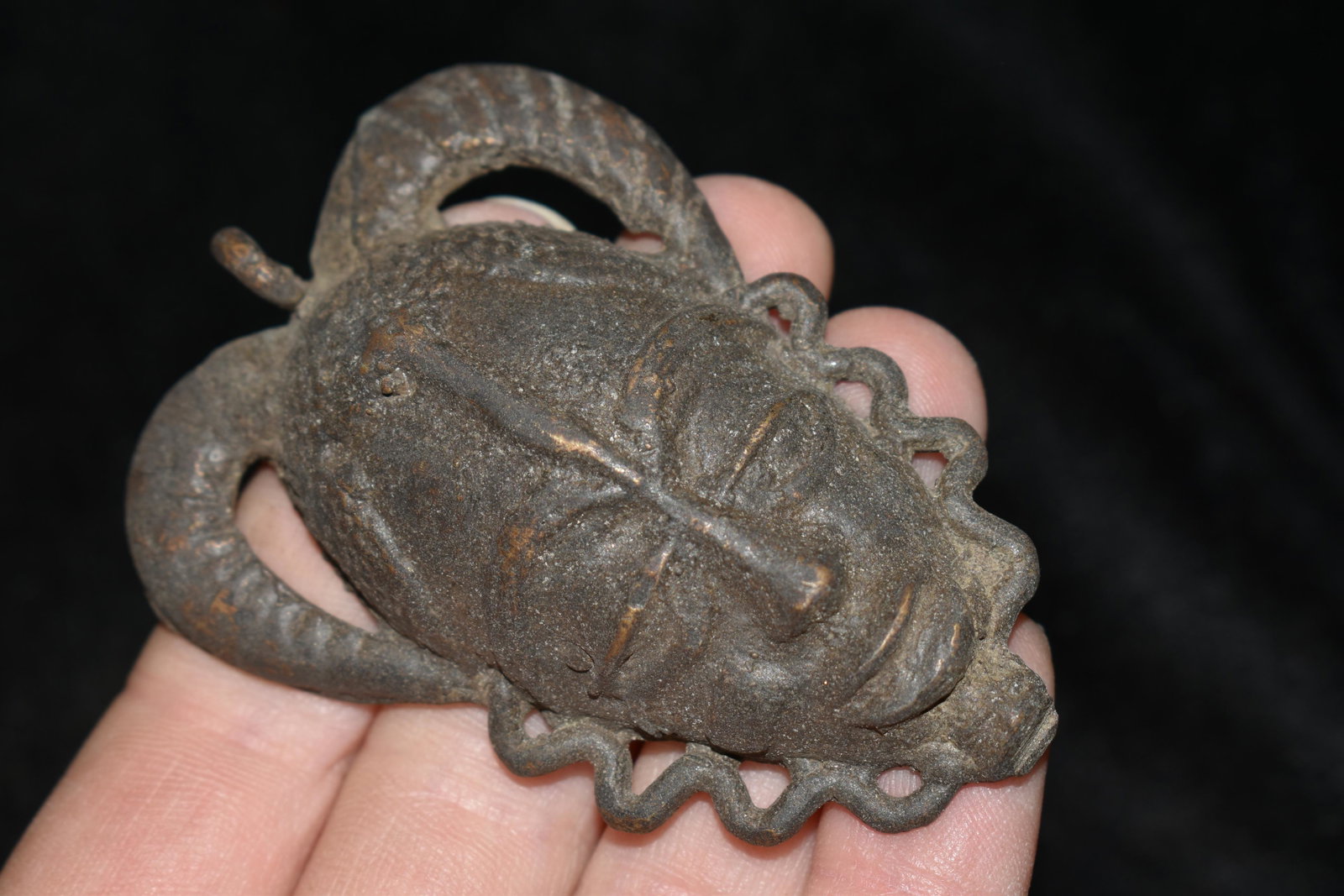3" Bronze / Brass African Mask/ Head Pendant, African: 3" Bronze / Brass African Mask/ Head Pendant, African Relics, 1800's, Antique