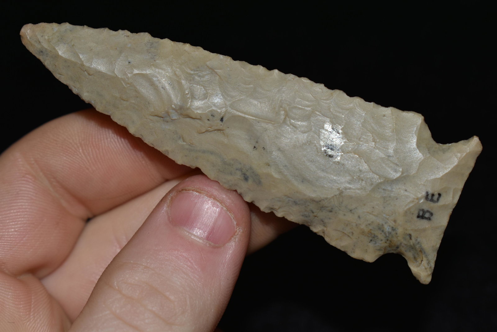 3 3/8" Cobden Stillwell found in Brown Co., Illinois,: 3 3/8" Cobden Stillwell found in Brown Co., Illinois, Ex. Greg Perino, Bob Perino, Nick Gatses Authentic Native American Arrowhead