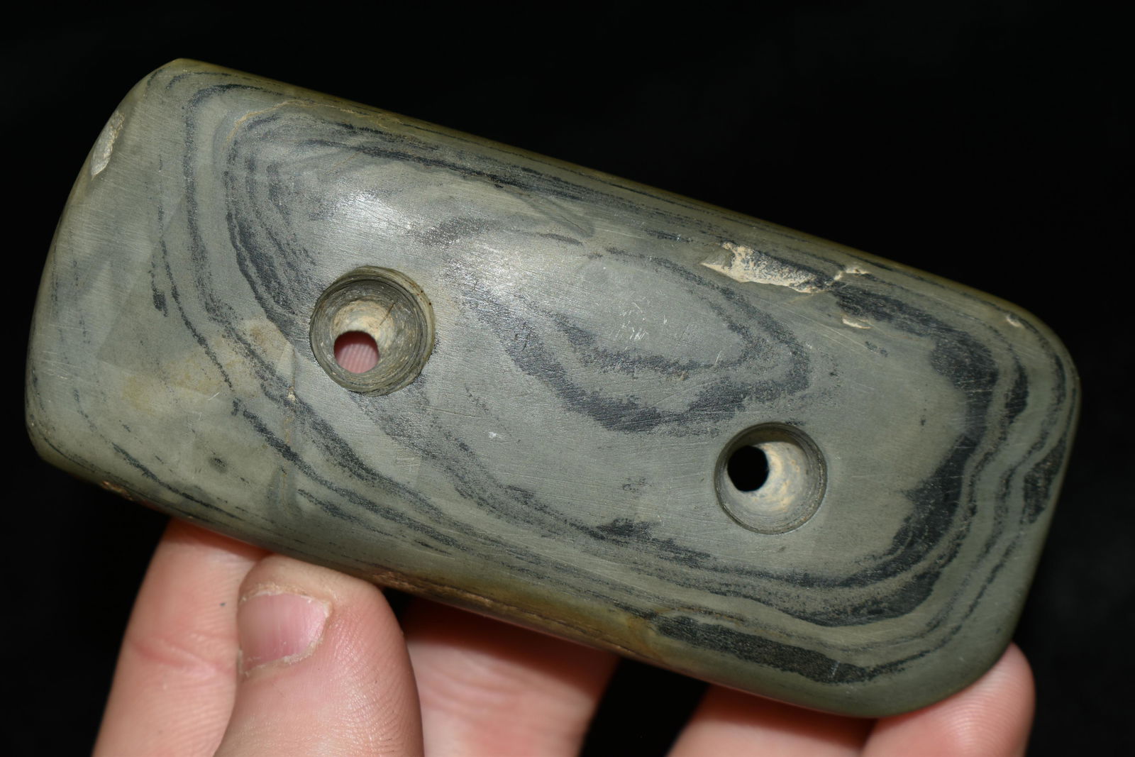 3 5/8" Two Hole Gorget Made of Banded Slate, Found in: 3 5/8" Two Hole Gorget Made of Banded Slate, Found in Knox Co. OH, Herb Meyer and Gary Mumaw Collection, Native American Artifacts