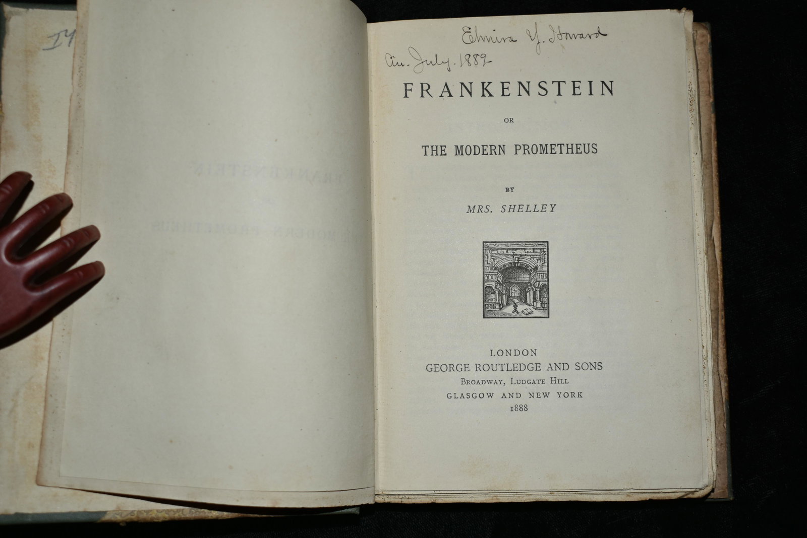 1888 Frankenstein by Mary Shelley: Frankenstein or, The Modern Prometheus by Mary SHELLEY. Published by London: George Routledge and Sons, 1888. Publishers original half cloth with marbled boards. Decko Style pages. Overall Good Condit