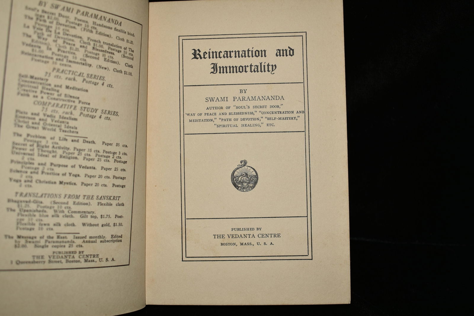 Reincarnation and Immortality 1923: Reincarnation and Immortality by Swami Paramananda Published by The Vedanta Centre 1923. Publishers original hardback with black print. Very Good + Condition. 102 pgs 7 3/8" by 5"