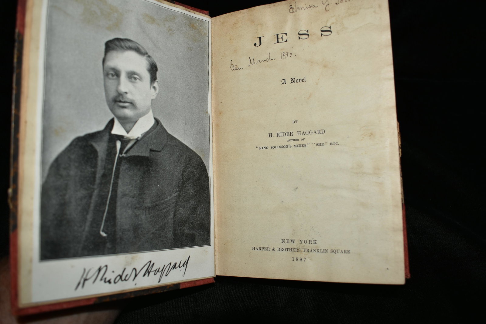 1887 JESS: A Novel 1st Ed.: JESS: A Novel by Haggard, H. Rider. Published by New York: Harper & Brothers. (1887). 1st U.S. Edition. Publishers original half cloth with marbled boards. Good condition for its age. Cover has some w