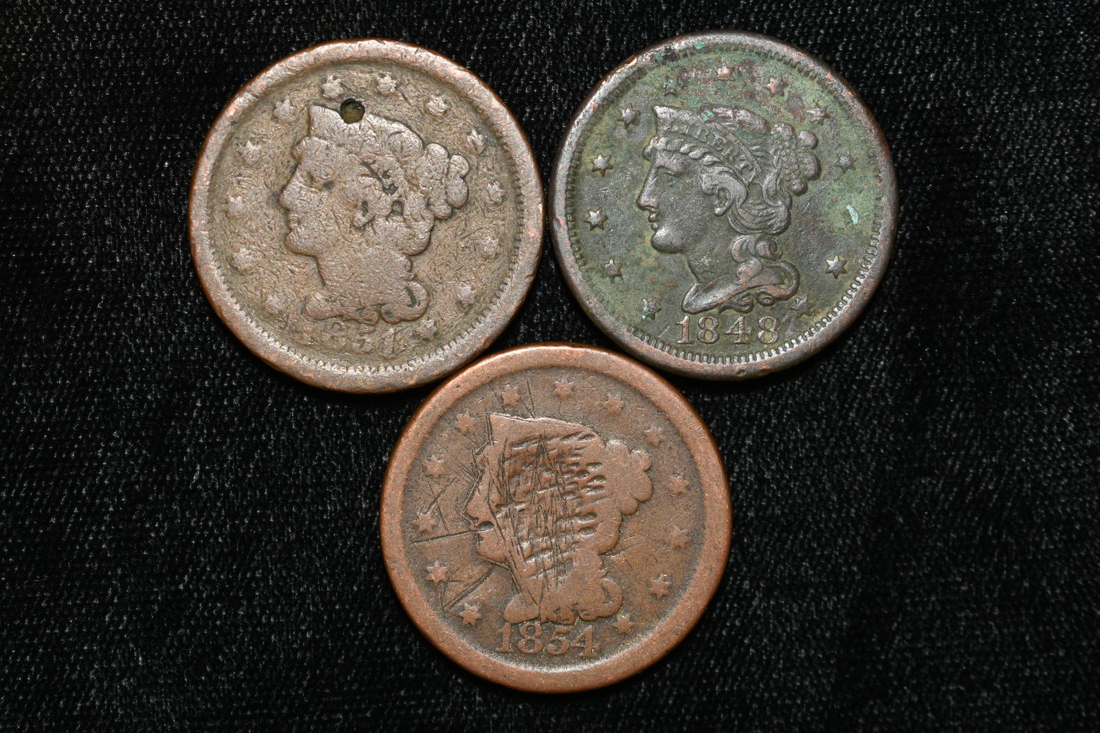 LOT OF 3 EARLY US LARGE CENTS, 1848, 1851, 1854, (1 of 2)