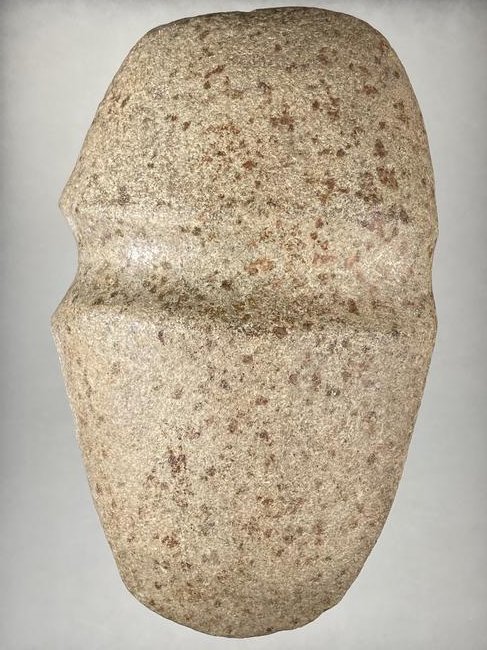 AMAZING 8 1/4" LONG 3/4 GROOVE AXE FOUND IN ST CLAIR: AMAZING 8 1/4" LONG 3/4 GROOVE AXE FOUND IN ST CLAIR COUNTY ILLINOIS, EX BEN THOMPSON COLLECTION, LIGHTLY FLUTED EDGE, STANDS UP ON ON ITS EDGE NICELY, COLORFUL SPOTTTED MATERIAL AND ABSOLUTELY NO DAM