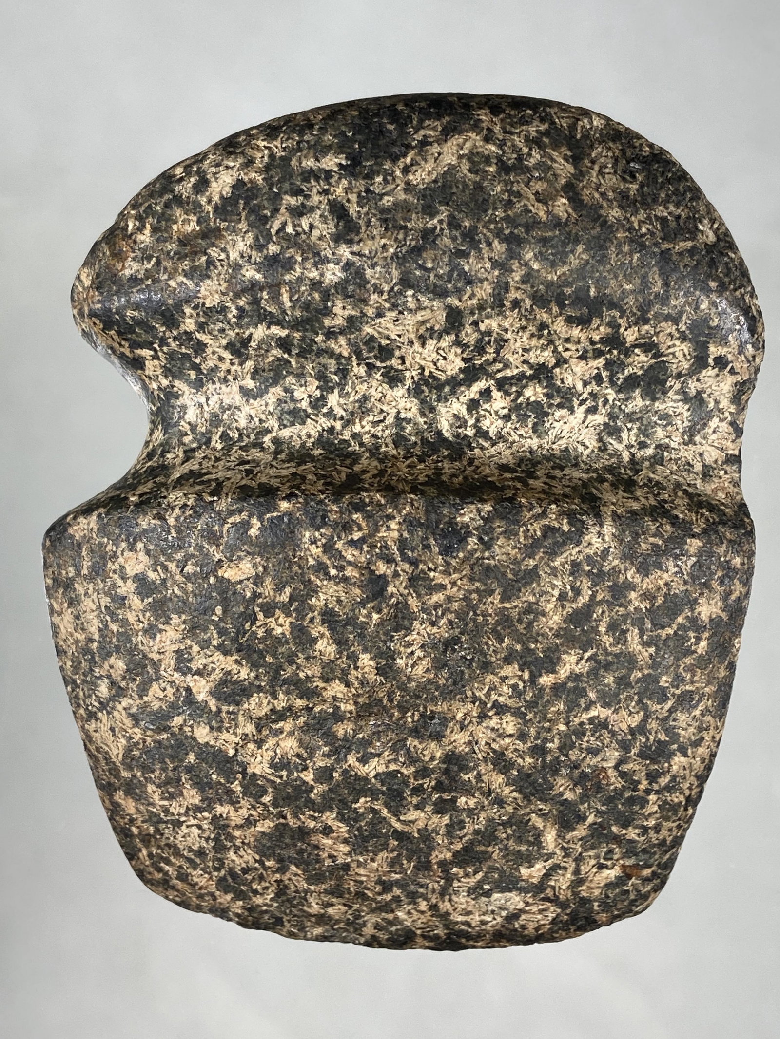 3 1/2" HIGHLY DEVELOPED 3/4 GROOVED AXE FOUND IN: 3 1/2" HIGHLY DEVELOPED 3/4 GROOVED AXE FOUND IN LASALLE COUNTY ILLINOIS, FLUTED EDGE, AMAZING FORM, DEEP GROOVE, STANDS UP NICELY