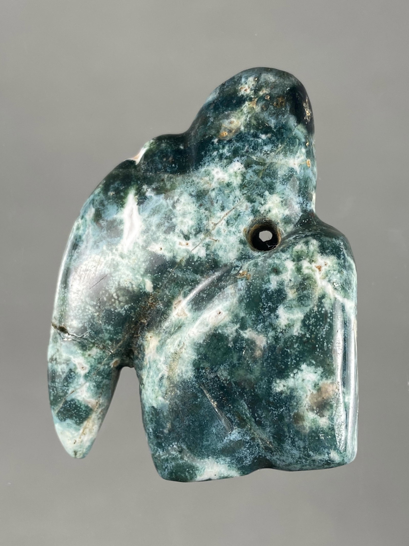 AMAZING JADEITE BIRD / TOUCAN EFFIGY PENDANT FROM: AMAZING JADEITE BIRD / TOUCAN EFFIGY PENDANT FROM MEXICO, AMAZING POLISH AND GREAT COLOR, BROKEN AND GLUED AT BEAK