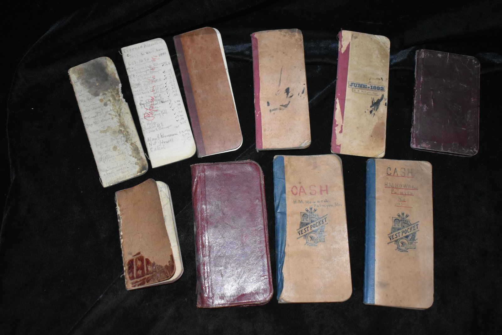 10 Antique Pocket Notebooks 1890's: These notebooks were used for writing down daily purchases and some notes on various things. Dates noticed were 1892 and 1893. They vary from in condition from missing their cover to good. They vary i