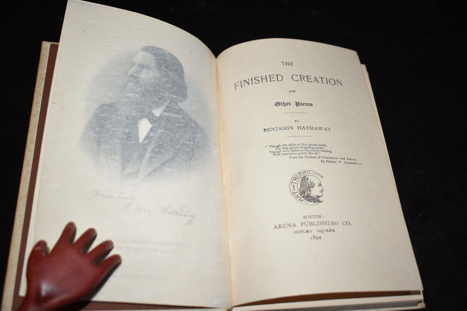 1892 The Finished Creation 1st Edition: The Finished Creation: And Other Poems by Benjamin Hathaway. Published by Arena Publishing (1892). 1st Edition. Has a stain to top right of front cover with age toning to cover. Internally excellent c