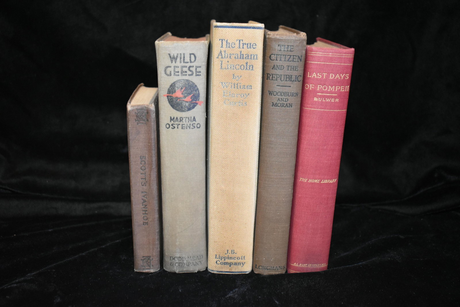 5 Antique Early 1900's Books: Ivanhoe A Romance Sir Walter Scott (edited by Alfred M. Hitchcock) 1915. Good condition. Minor shelf wear; The True Abraham Lincoln by William Eleroy Curtis 1903. Overall good condition. Page edges ar