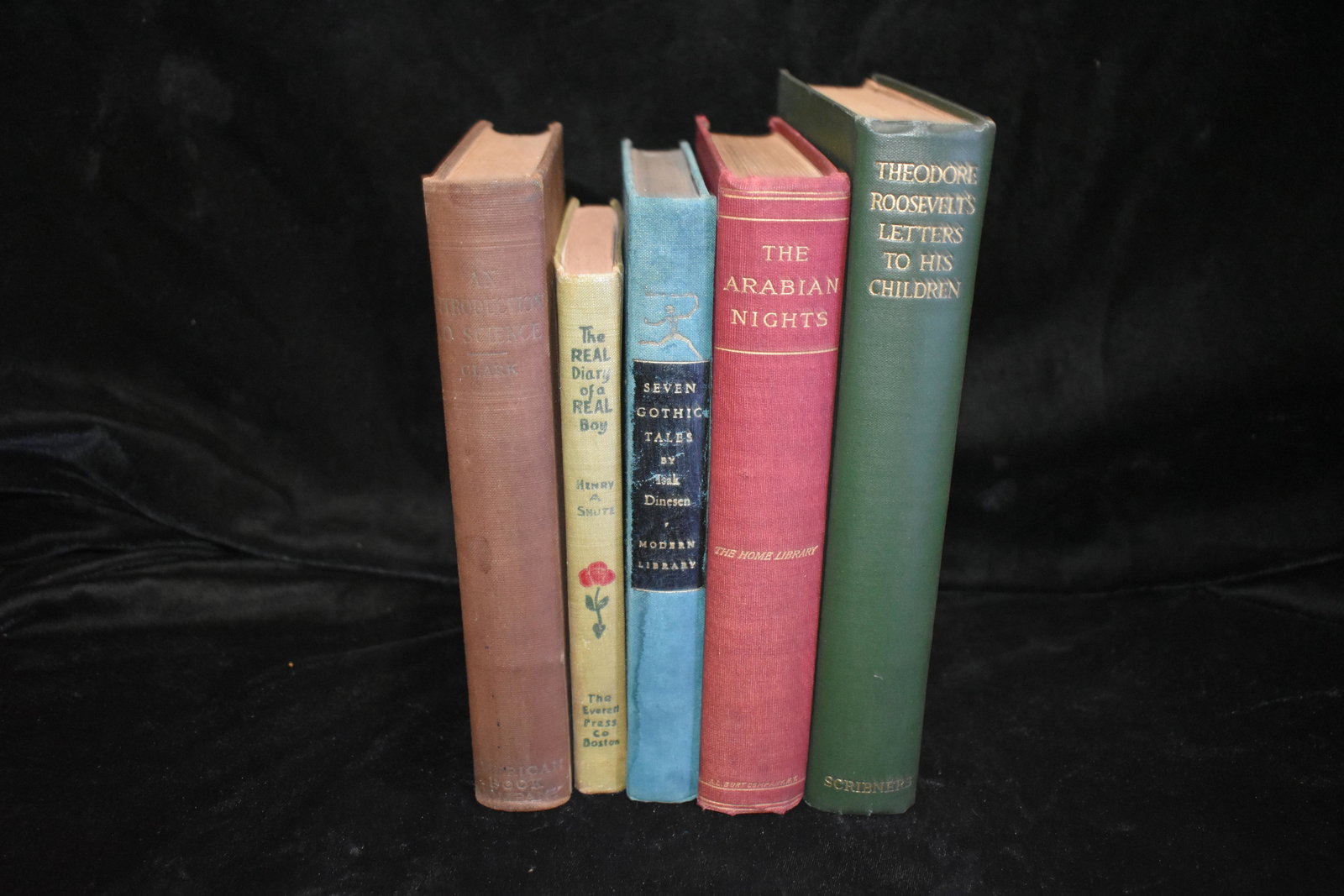 5 Antique Early 1900's Books: Theodore Roosevelt's Letters To His Children by Joseph Bucklin Bishop 1914. Page 5-6 is partially detached otherwise very good condition.; Seven Gothic Tales by Isak Dinesen 1934. Some fading and soil