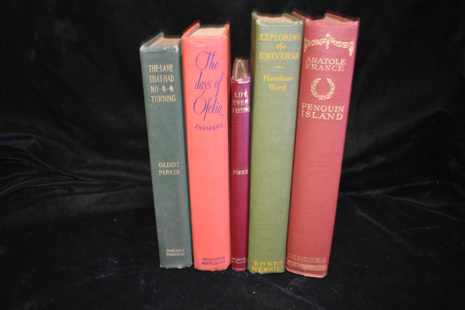 5 Early 1900's 1st Edition Books: Life Everlasting by John Fiske 1901. 1st Edition. Excellent condition with original dust cover.; Exploring the Universe by Henshaw Ward 1927 1st Edition. Some spotting to cover otherwise very good con