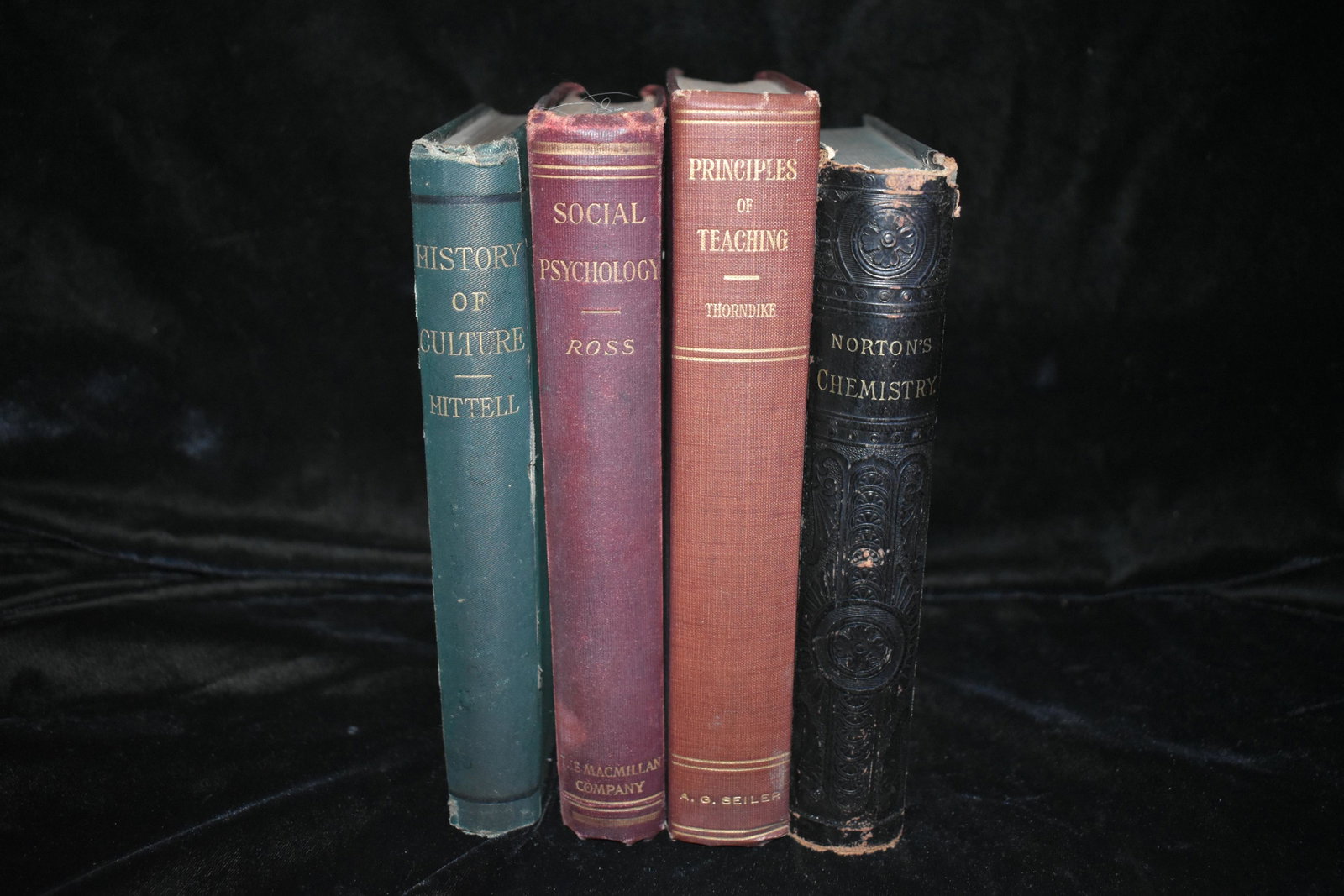 4 Higher Learning Books 1800's-early 1900's: The Elements of Chemistry Inorganic and Organic by Sidney A Norton 1884. Wear to top and bottom of spine otherwise very good condition; A Brief History of Culture by John S Hittell 1876. Spine has wea