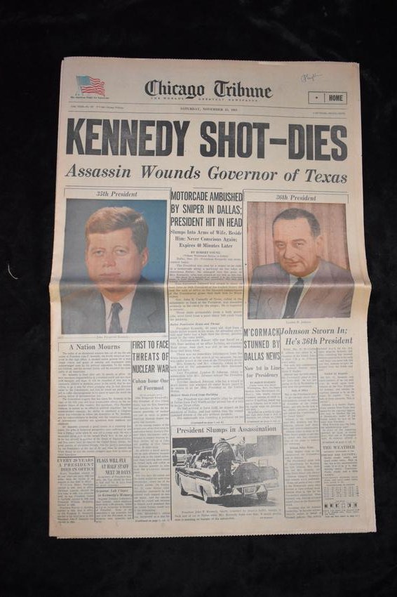 Antique Newspaper Kennedy Shot-Dies 1963: Antique Newspaper Kennedy Shot-Dies published by The Chicago Tribune November 23, 1963. This is the original 1963 Newspaper in near Fine condition. Has all of its seven sections it was originally publ