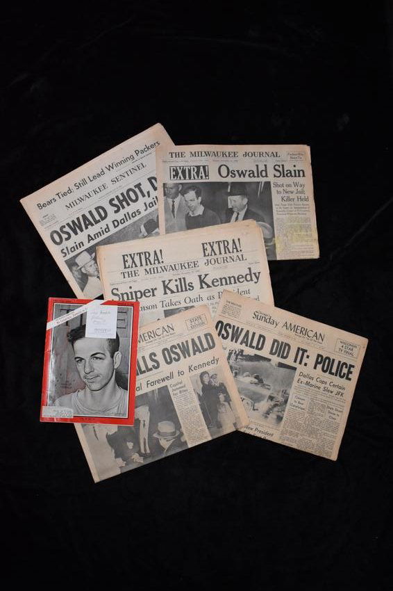 5 OSWALD KILLED KENNEDY 1963 Newspapers: This lot includes 5 Different 1963 Newspapers and one Time Magazine on Lee Harvey Oswald Killing Kennedy. They are as follows: 1- Chicago's Sunday American November 24, 1963. Chicago, Illinois. OSWALD