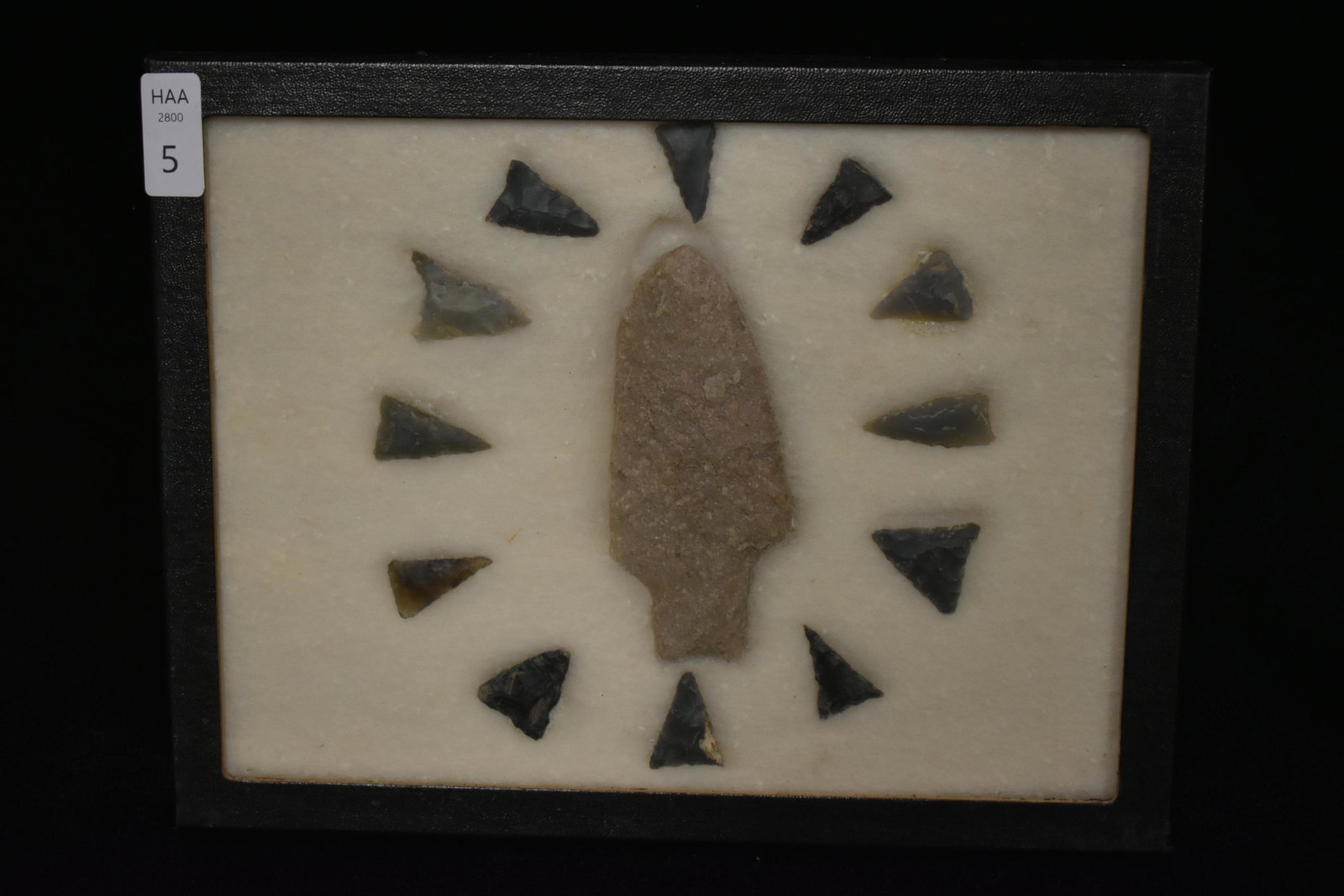 12 5/8x 6 5/8" Frame of 12 Bird points and One Quartz: 12 5/8x 6 5/8" Frame of 12 Bird points and One Quartz Point, East Coast, Native American Artifacts