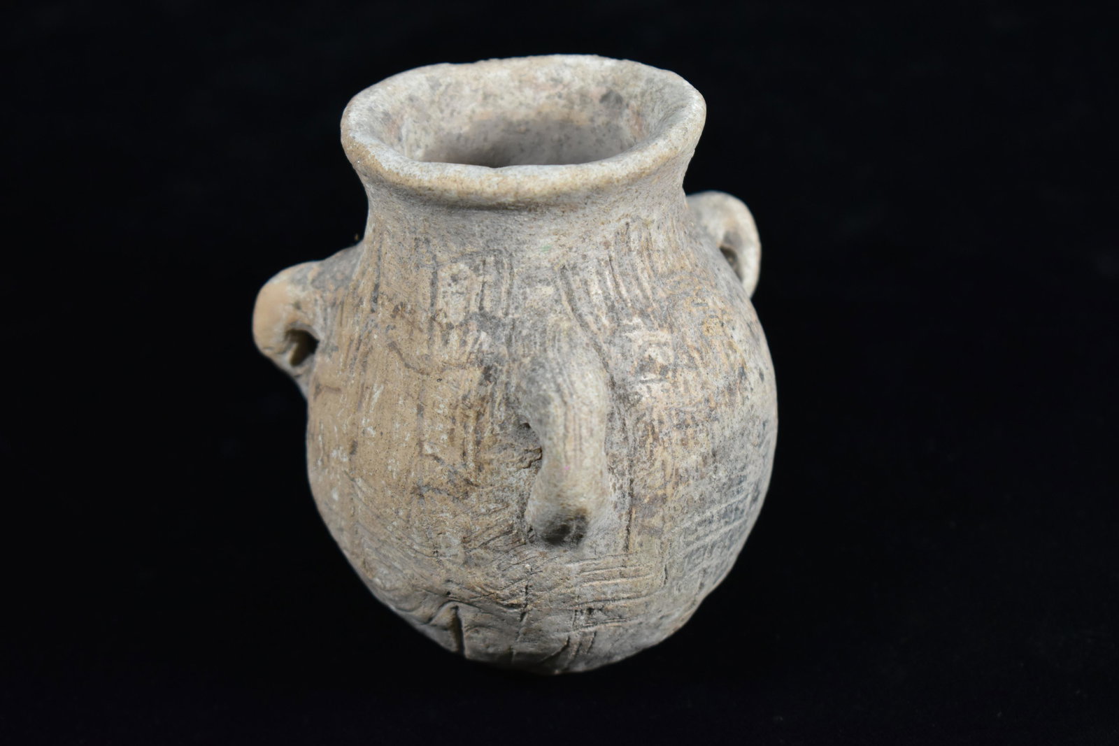 4 1/2" Engraved Strap Handled Pre Columbian Water Jug: 4 1/2" Engraved Strap Handled Pre Columbian Water Jug