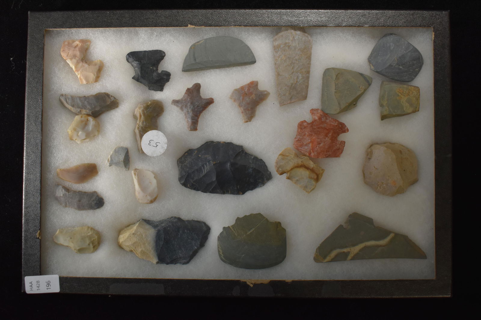 Frame of 24 Flint Tools, Blades, and Slate Gorgets, (1 of 3)