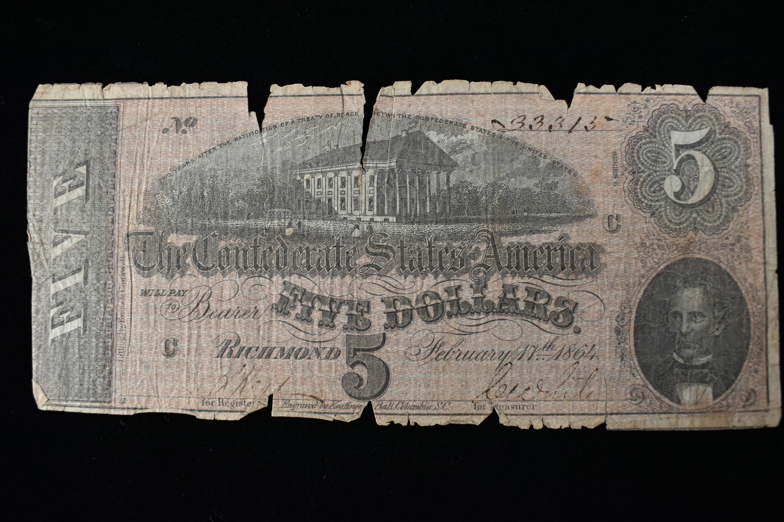 5 Dollar Confederate States Currency Note, 1864 (1 of 3)