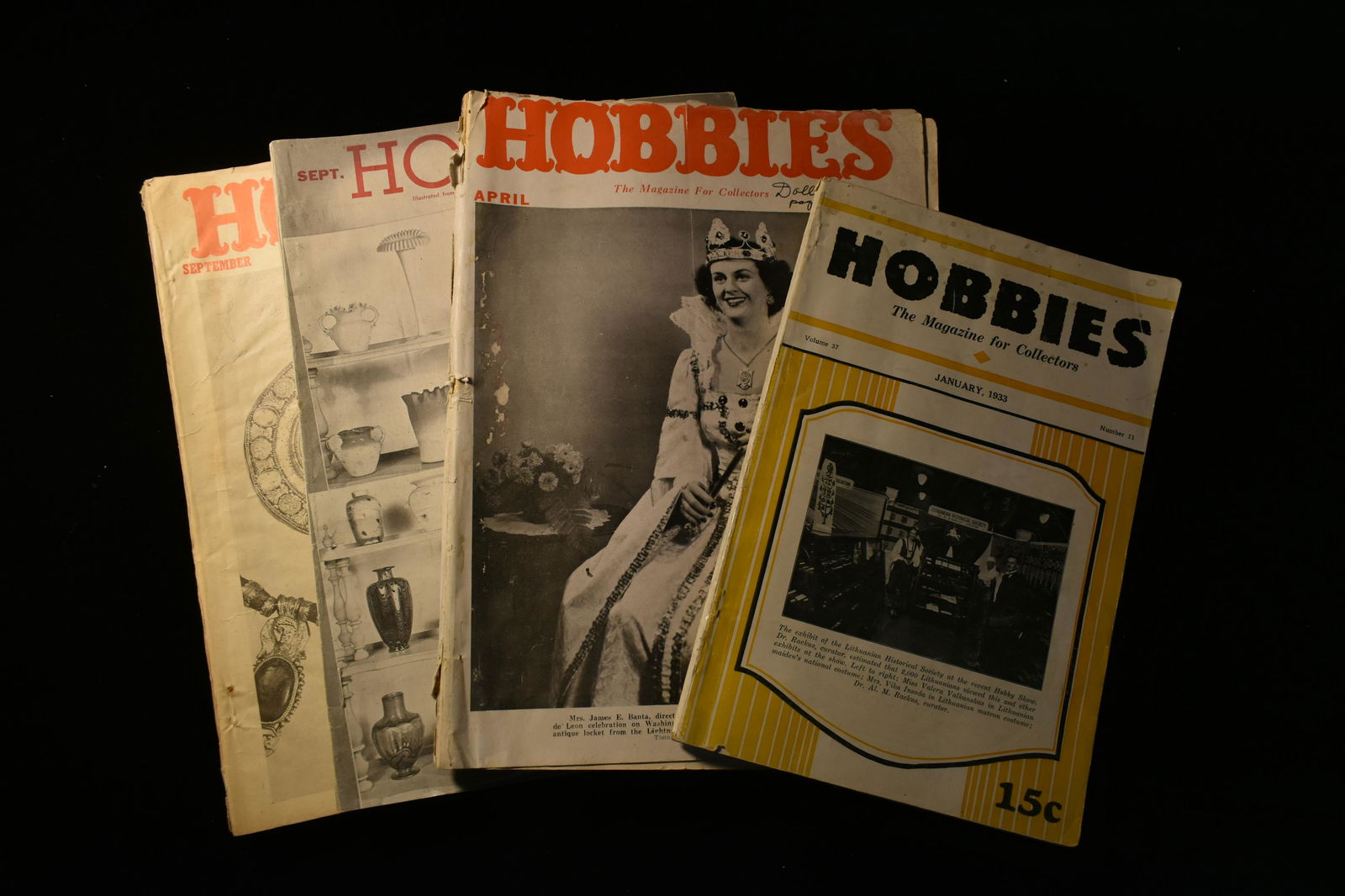 LOT OF 4 HOBBIES MAGAZINES FROM THE 1930'S & 1940'S,: LOT OF 4 HOBBIES MAGAZINES FROM THE 1930'S & 1940'S, EACH ONE ABOUT 130 PAGES, AND EACH ONE HAS A SECTION ON INDIAN ARTIFACTS