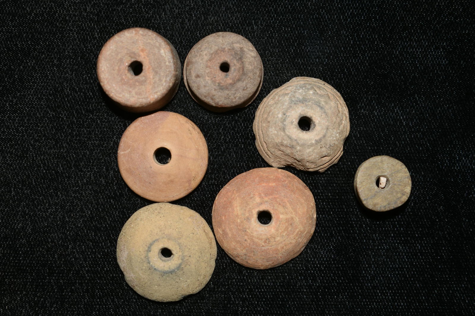 LOT OF7 PRE-COLUMBIAN SPINDLE WHORL POTTERY BEADS, SOME (1 of 3)