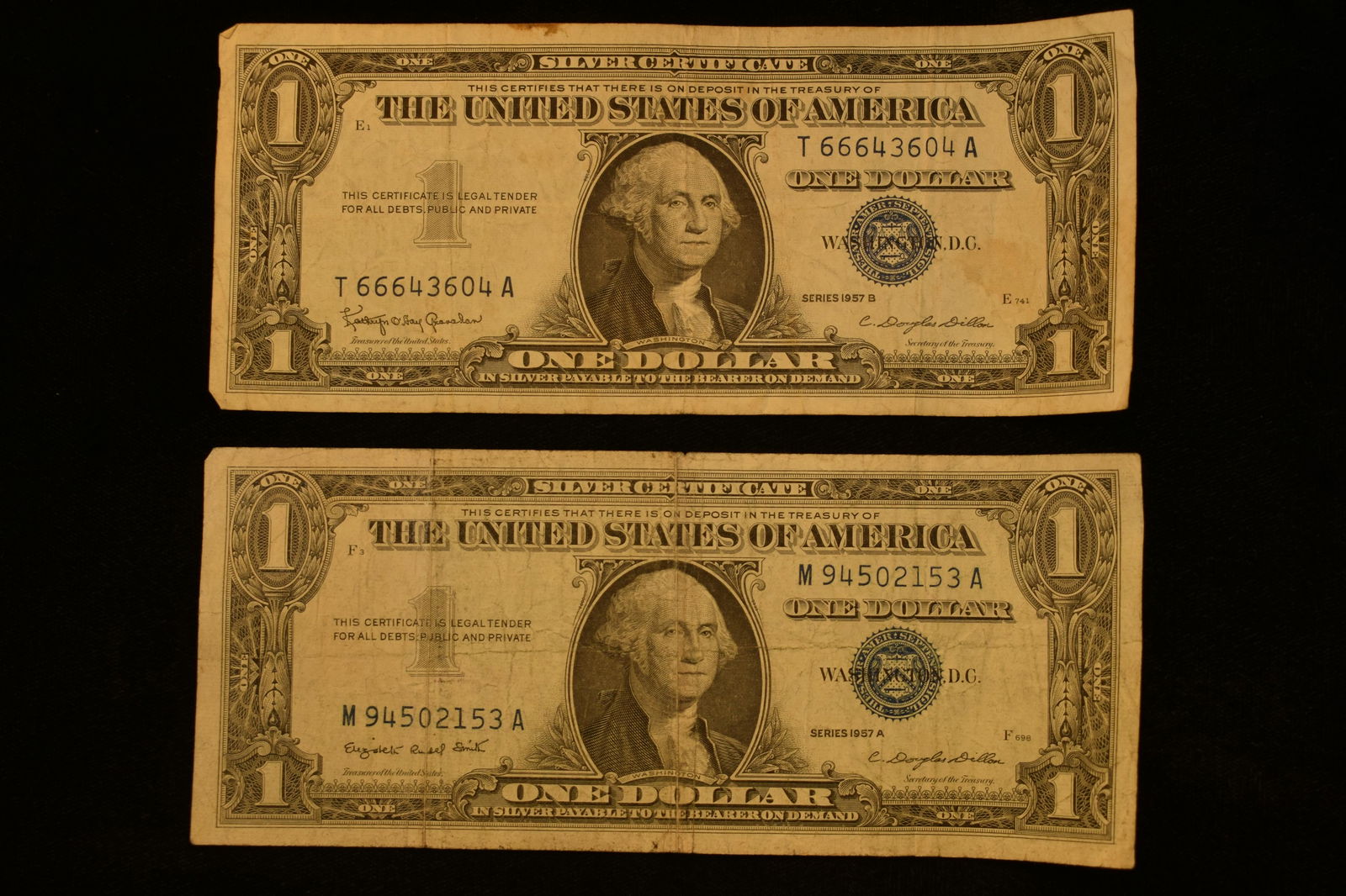 LOT OF 2 SILVER CERTIFICATE ONE DOLLAR BILLS FROM 1957, (1 of 3)