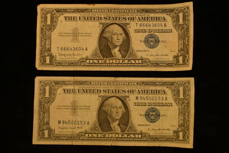 LOT OF 2 SILVER CERTIFICATE ONE DOLLAR BILLS FROM 1957,: LOT OF 2 SILVER CERTIFICATE ONE DOLLAR BILLS FROM 1957, UNITED STATES US CURRENCY