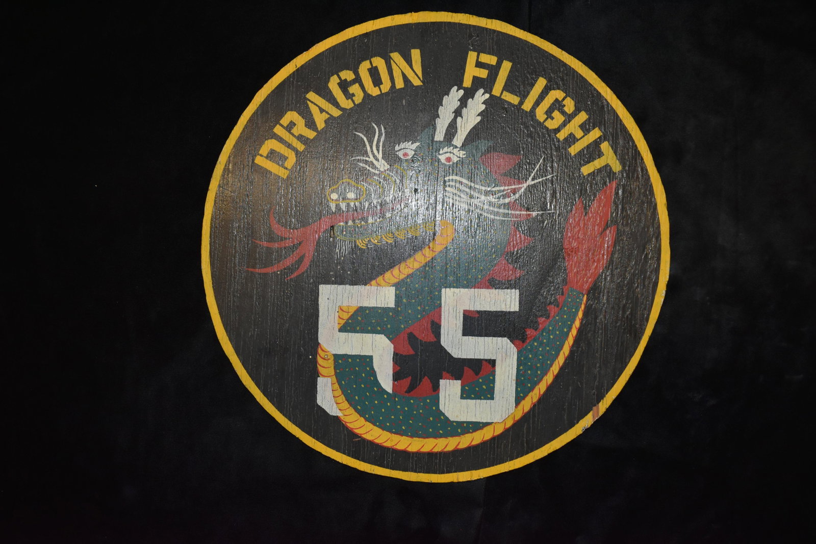 17" '55 Dragon Flight' Original Korean Wooden Squadron: 17" '55 Dragon Flight' Original Korean Wooden Squadron Flight Emblem, Vintage US Military Memorabilia