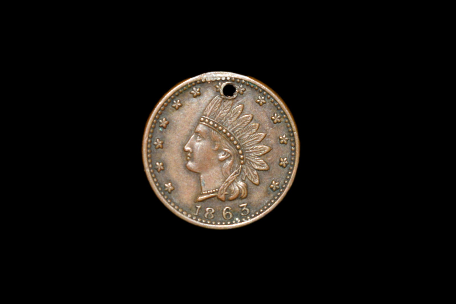 1863 Civil War Token, Cannon & Drums, has had hole: 1863 Civil War Token, Cannon & Drums, has had hole drilled for pendant