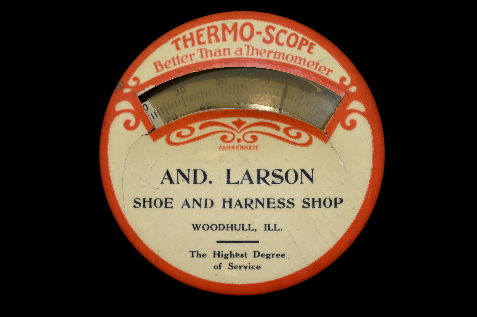 Thero-Scope Shoe and Harness Shop advertising: Thero-Scope Shoe and Harness Shop advertising thermometer Woodhull, Illinois.