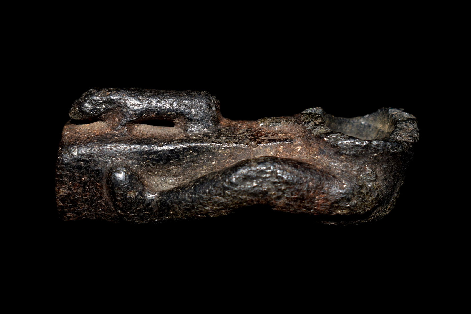 HISTORIC HUMAN EFFIGY PIPE, DICKEY COA, FOUND IN: HISTORIC HUMAN EFFIGY PIPE, DICKEY COA, FOUND IN RICHMAND GEORGIA, MADE FROM STEATITE, HAS AN ANIMAL IN RELIEF ON THE STEM