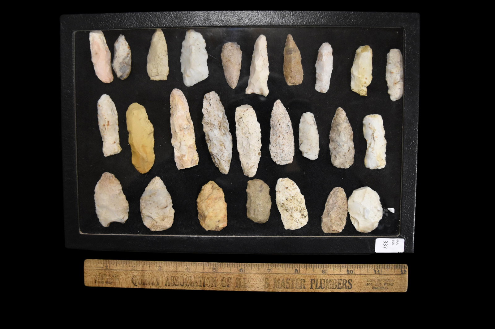 Frame containing 26 arrowheads. This collection: Frame containing 26 arrowheads. This collection contains the personally found relics of Steve Koch, Winchester Illinois. Steve hunted relics his entire life with family and friends. He mainly hunted i