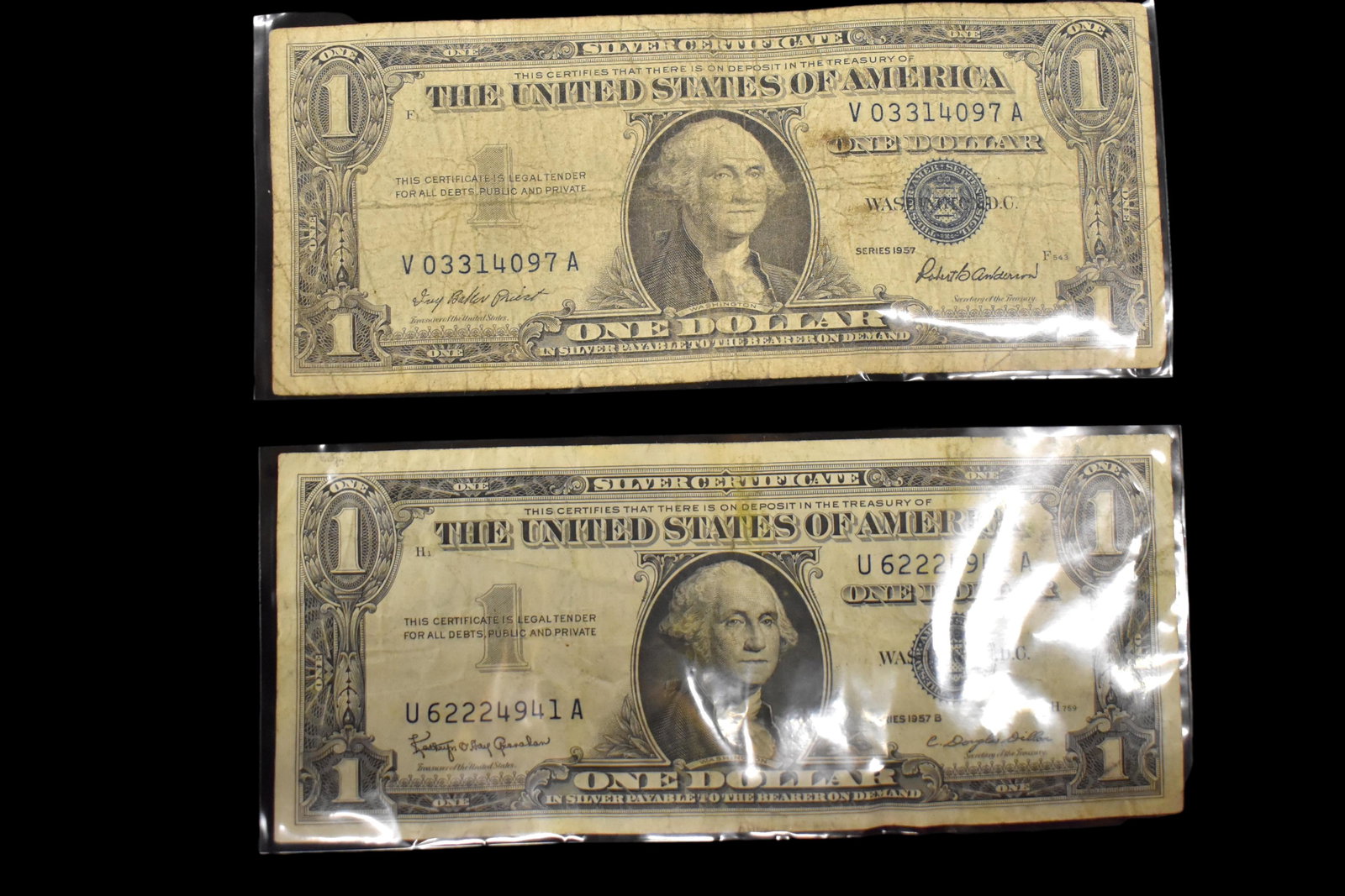LOT OF 2 SILVER CERTIFICATE ONE DOLLAR BILLS FROM 1957, (1 of 2)