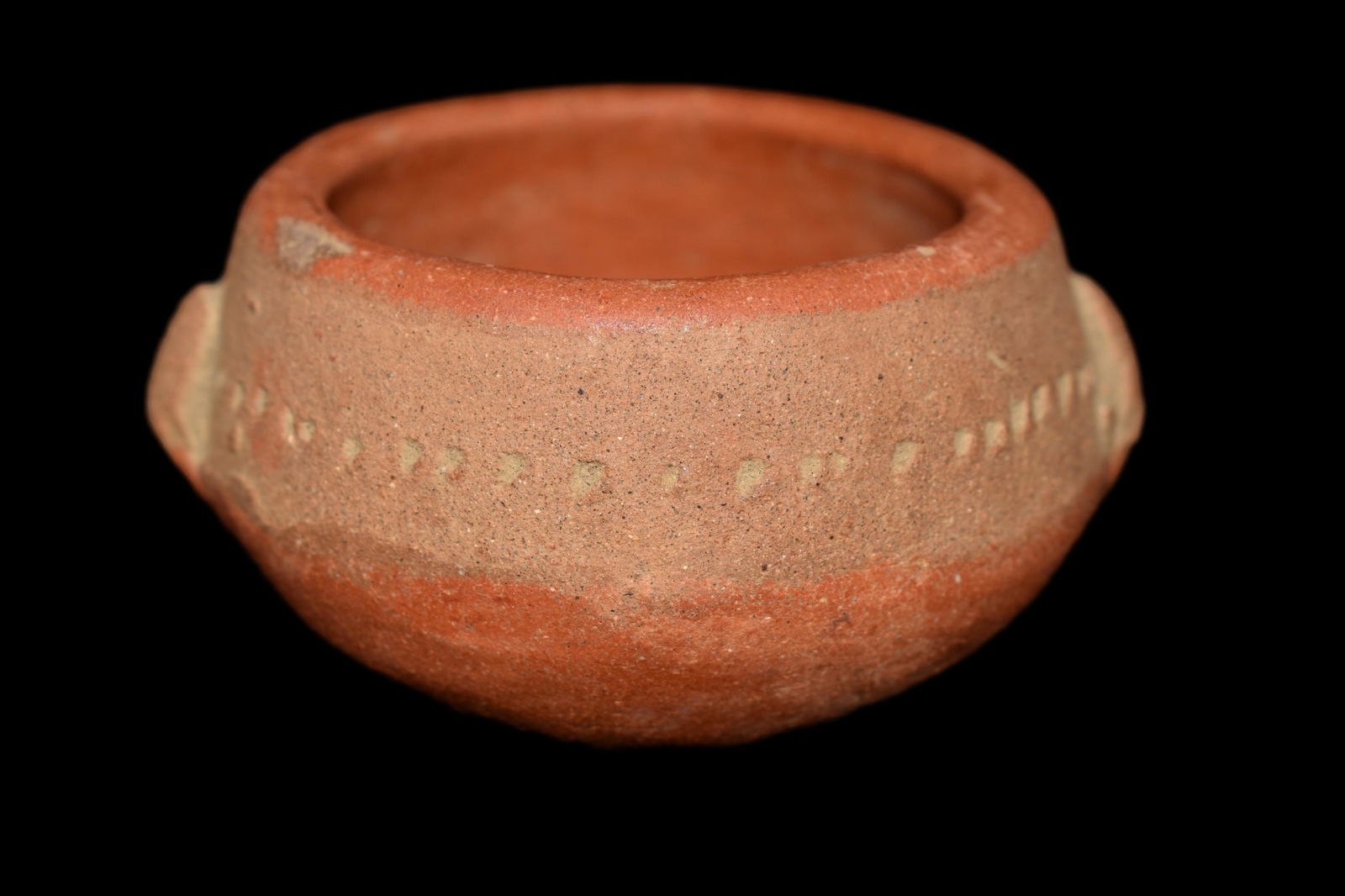 3 3/4" Pre Columbian pot, Red Paint with engraving, (1 of 5)