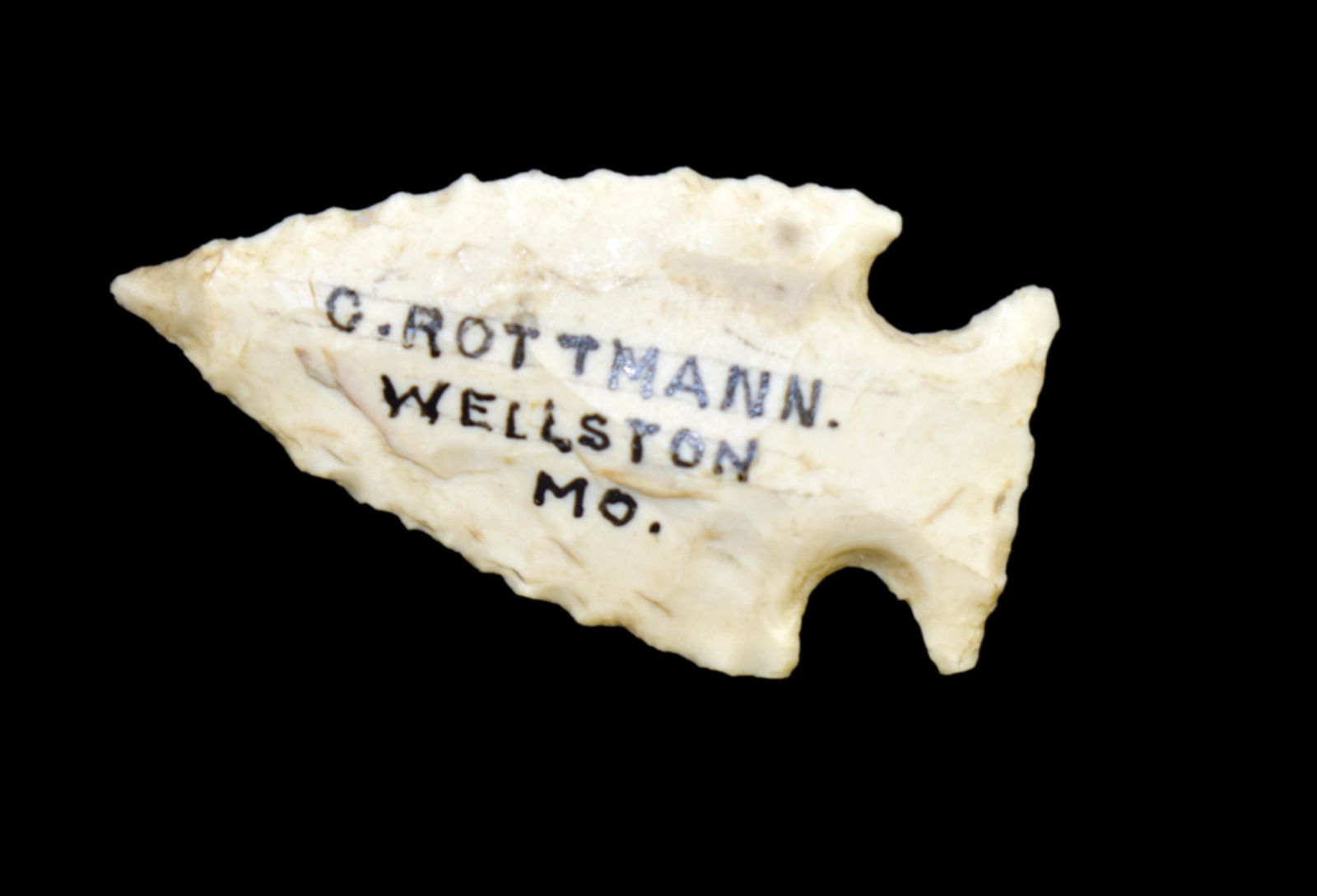 PHENOMENAL CORNER NOTCH BIRD POINT, EX LINTON FOSTERLING, FOUND BY G. ROTTMANN IN WELLSTON MISSOURI, (1 of 5)