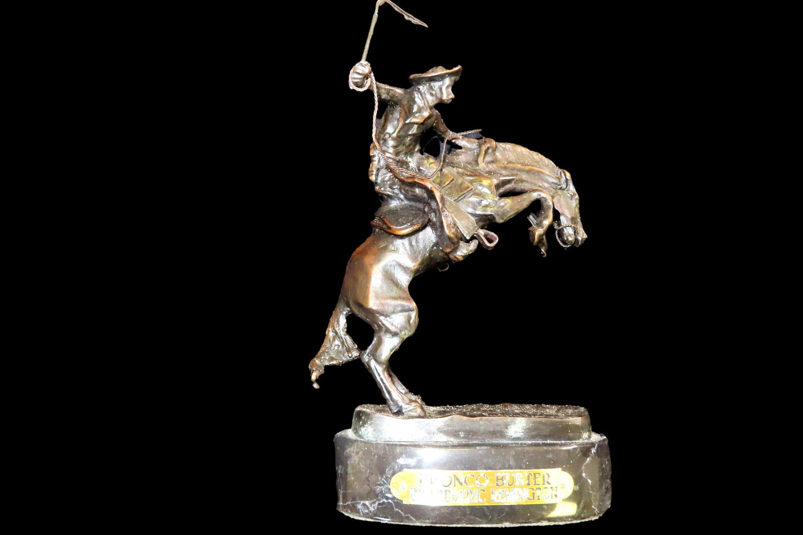 SOLID BRONZE COWBOY STATUE "BRONCO BUSTER" BY FREDERICK REMINGTON, STANDS 9 1/2", ON ORIGINAL MARBLE (1 of 6)