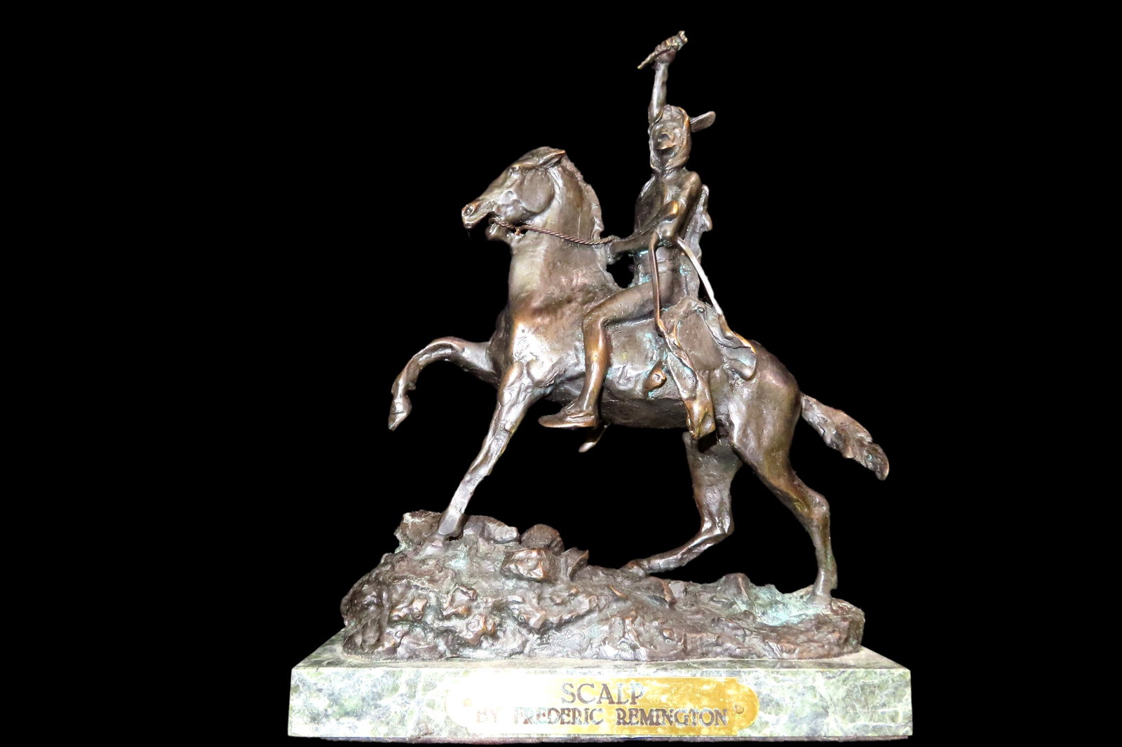 SOLID BRONZE INDIAN STATUE "SCALP" BY FREDERICK REMINGTON, STANDS 9" TALL, ON ORIGINAL MARBLE BASE, (1 of 5)