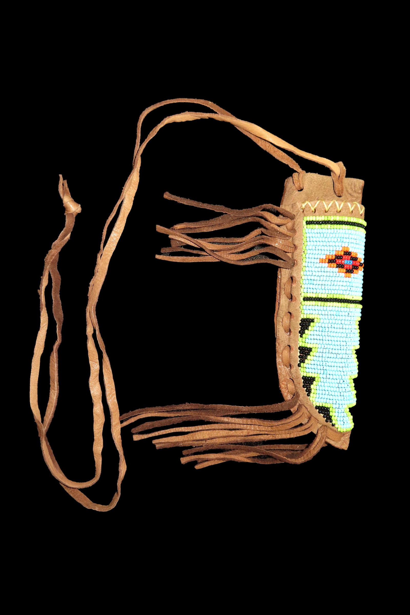 6 1/4" Seed Bead Knife Sheath, Leather Backed: 6 1/4" Seed Bead Knife Sheath, Leather Backed