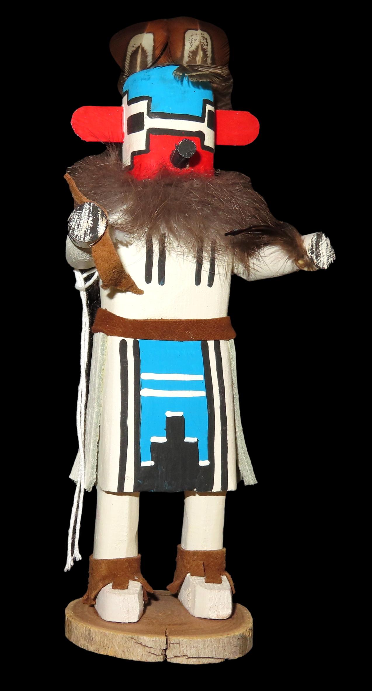 7" Navajo Snow Kachina with fur, leather, and feathers.: 7" Navajo Snow Kachina with fur, leather, and feathers.