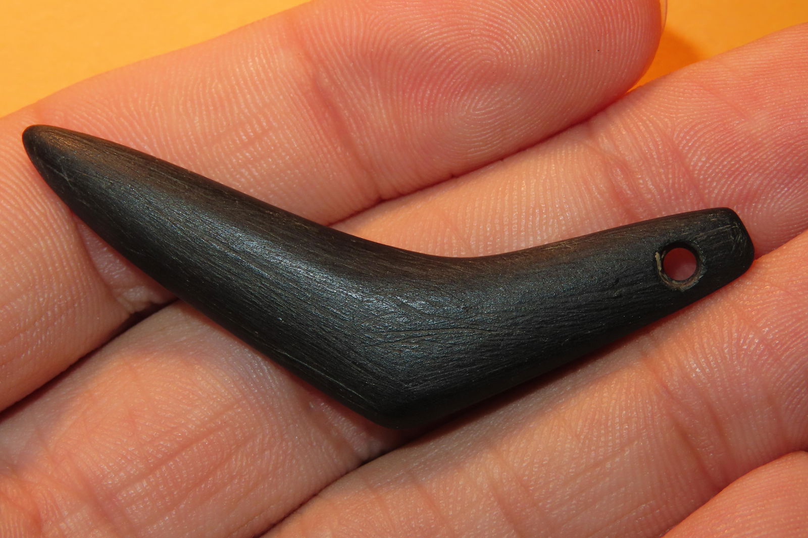 2 1/8" Effigy Pendant Canal Coal, found by John Unrue, at the Hardin Site, Greenup County, Kentucky (1 of 4)