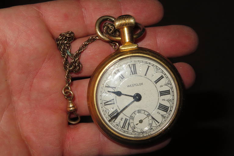 Vintage Westclox Pocket Watch With A Train Enscribed On The Back - Main Image