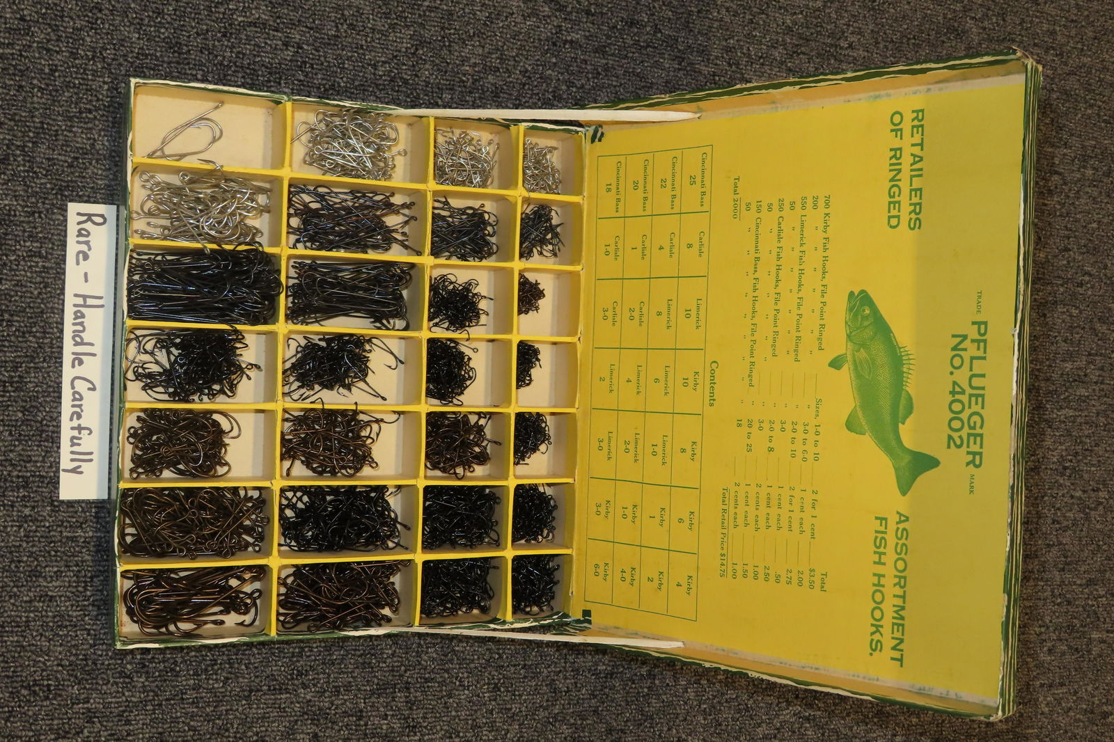 RARE Trade PFLUEGER mark No. 4002 Retailers of ringed assortment fish hooks, Box 10" x 11" out of (1 of 5)