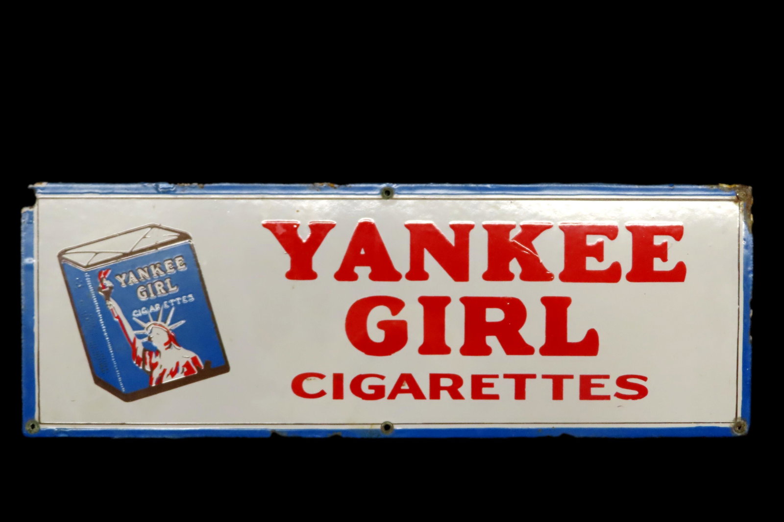 20" x 7" Antique Porcelain Sign YANKEE GIRL CIGARETTES out of the Jim Millard Collection, South East: 20" x 7" Antique Porcelain Sign YANKEE GIRL CIGARETTES out of the Jim Millard Collection, South East Iowa / North East Missouri