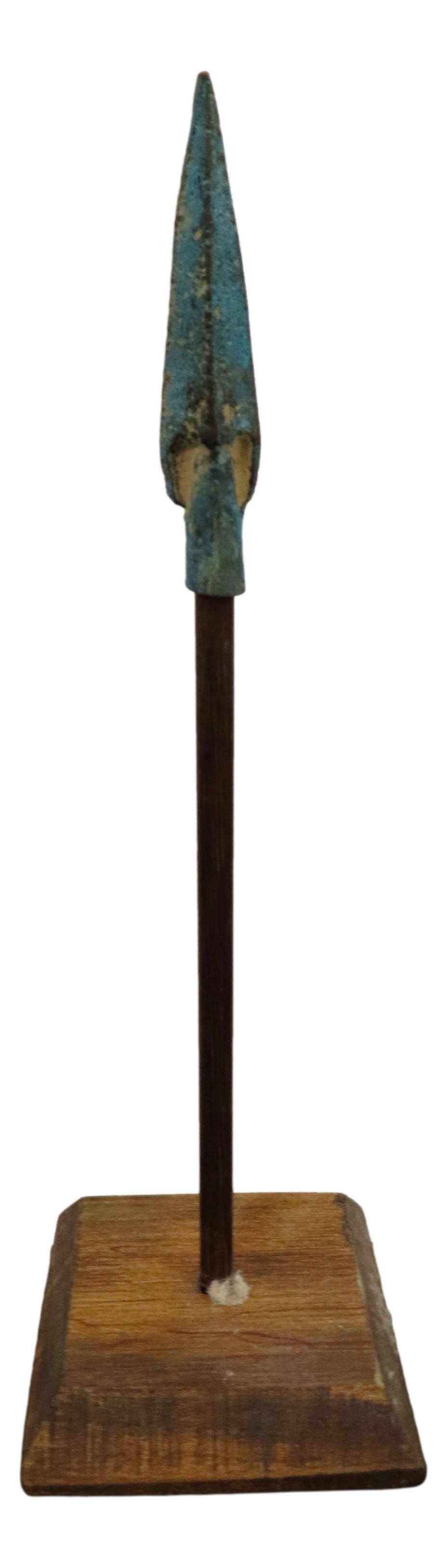 Bronze/Copper Arrowhead on handmade rod and wooden stand. Please see photos for condition, length: Bronze/Copper Arrowhead on handmade rod and wooden stand. Please see photos for condition, length and more information.